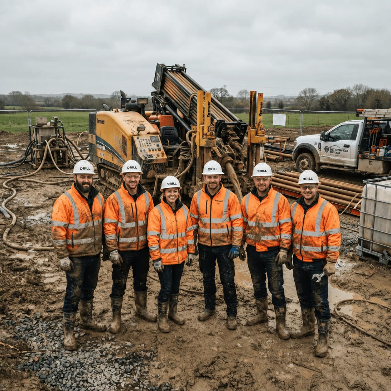 Drilling crew in safety gear on site